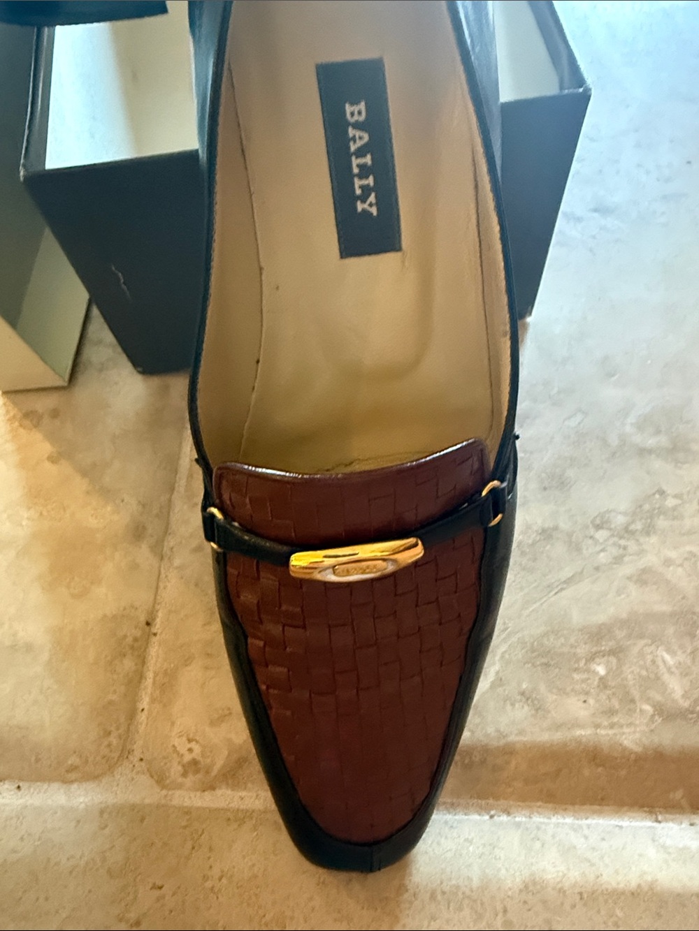 Bally Brown Woven Leather Loafer with Black Trim and Gold Bit